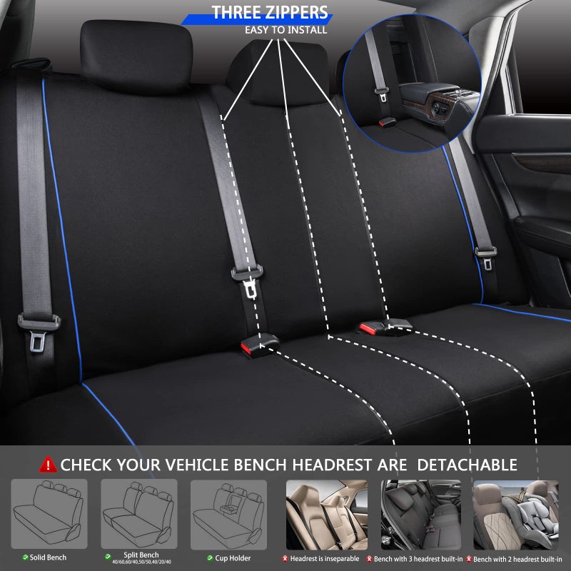 CAR-GRAND Universal Stylish Piping Cloth Car Seat Covers Full Set, Breathable and Washable Seat Covers with Air Compatible,3 Zipper Bench Design,Fit 90% Automotive,SUV,Truck,Sedan (Black-Blue Strips) - Image 4